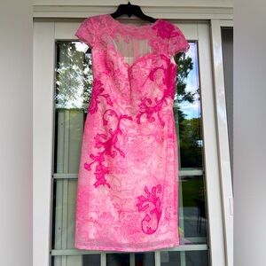 Pink Lace Overlay Sheath Dress